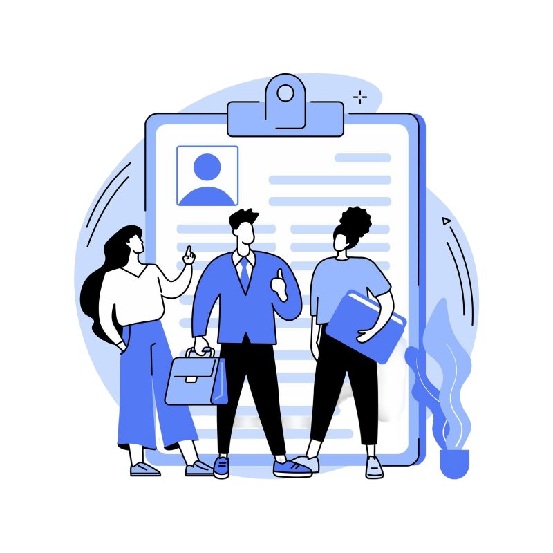 Illustration : trois personnes présentent un profil de candidat recommandé devant un CV